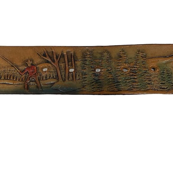 Rain Tree 1978 Gold Buckle Moose LATITAN Leather Artisan Hand Stained Belt 36 - Picture 7 of 10